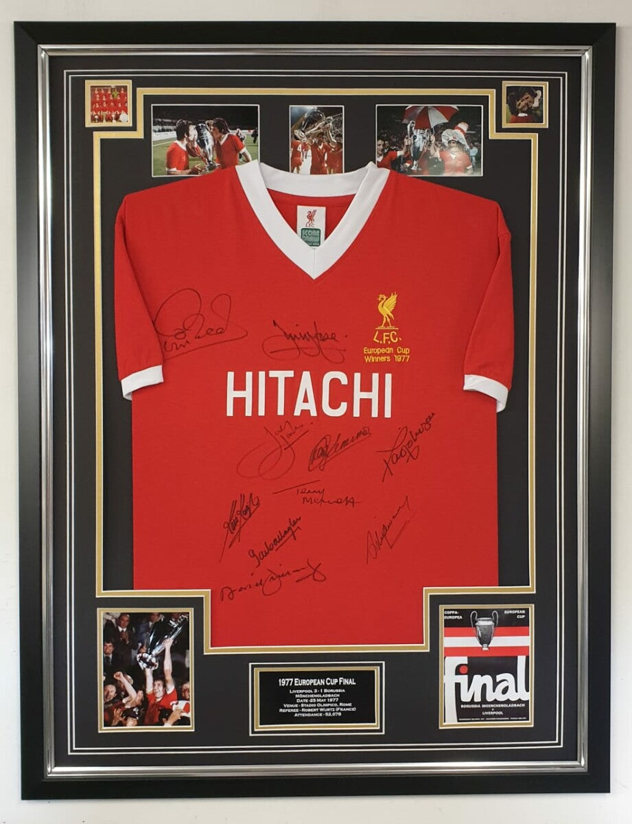 1977 European Cup Final Liverpool squad signatures on Shirt Framed