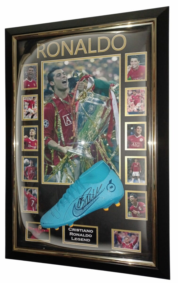 CRISTIANO RONALDO SIGNED FOOTBALL BOOT FRAMED WITH MANCHESTER UTD PHOTOS